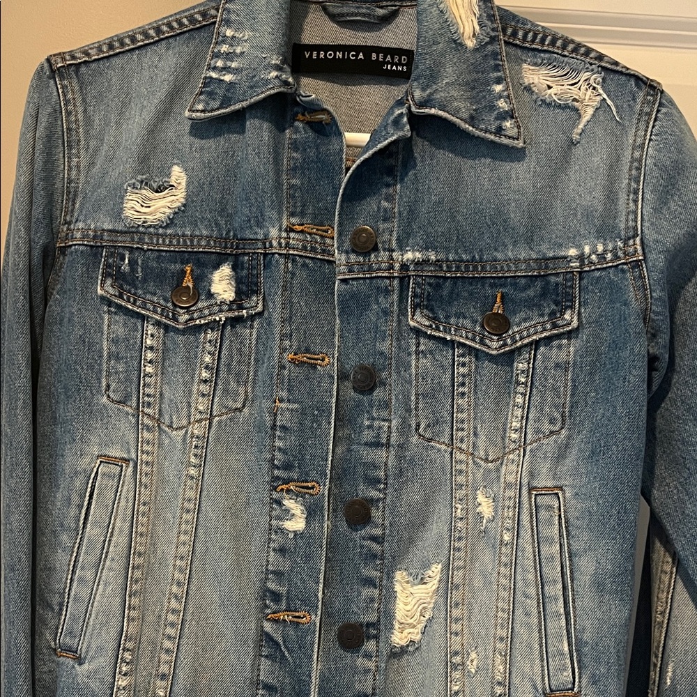 Veronica Beard Medium Blue Distressed Cropped Denim Jacket - Picture 3 of 5